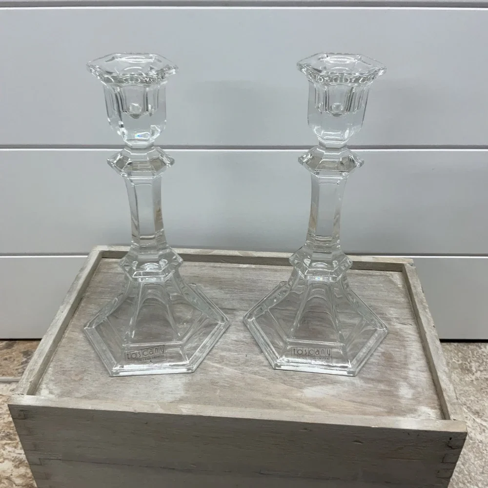 Toscany Lead Crystal Candlestick Set Hexagon Base 8.5 Inch Made in USA Clear